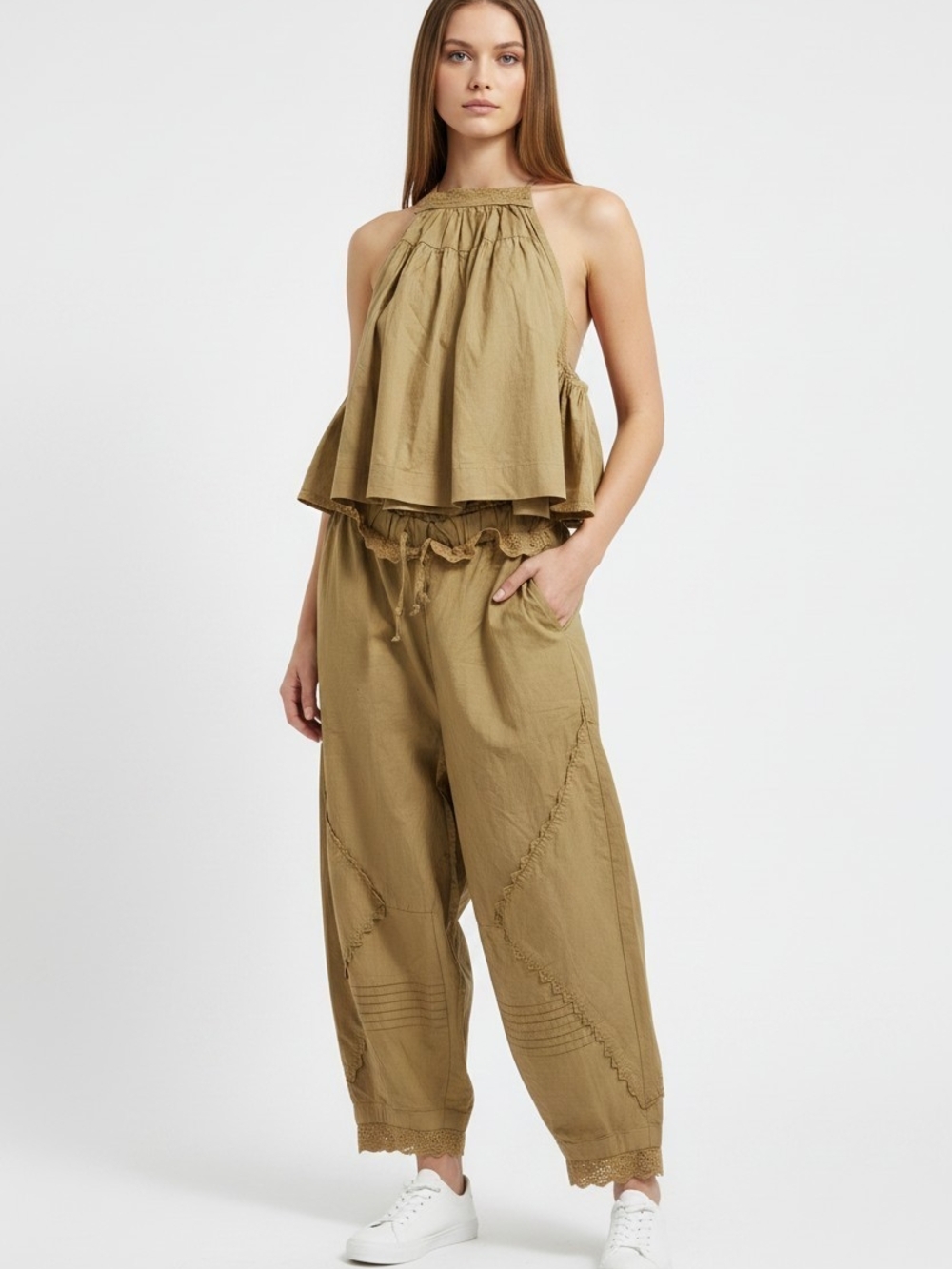 Free People  Set Drawstring Wide-Leg Cotton Pants And Top Women